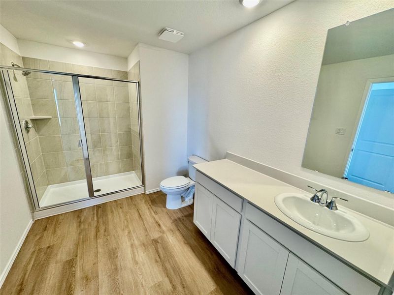 Bathroom featuring vanity, light wood-style flooring, and a shower stall Bathroom featuring vanity, light wood-style flooring, and a shower stall