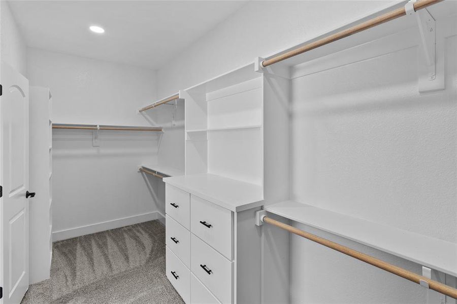 Spacious closet with light carpet