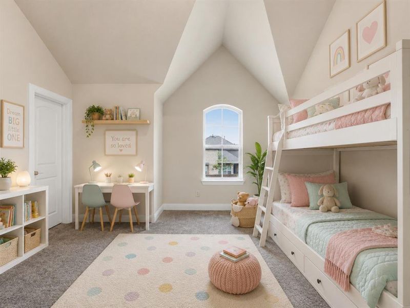 Room with vaulted ceilings and arched window