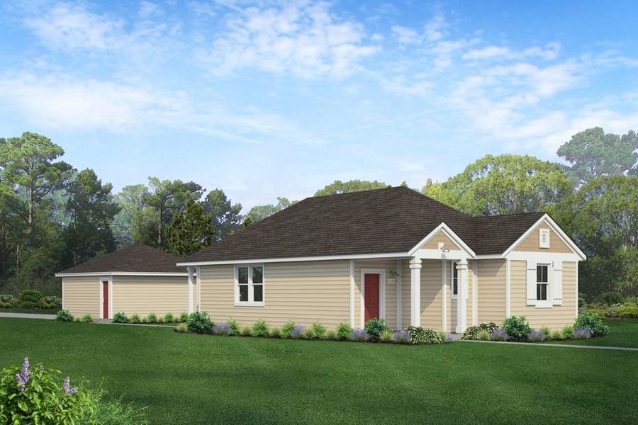 Rendering of one story two-toned tan home with red door and detached garage with sky and landscaping Rendering of one story two-toned tan home with red door and detached garage with sky and landscaping
