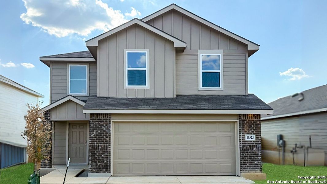 Front exterior of a new home in Preserve at Medina, Von Ormy, TX, highlighting curb appeal (Image 2).