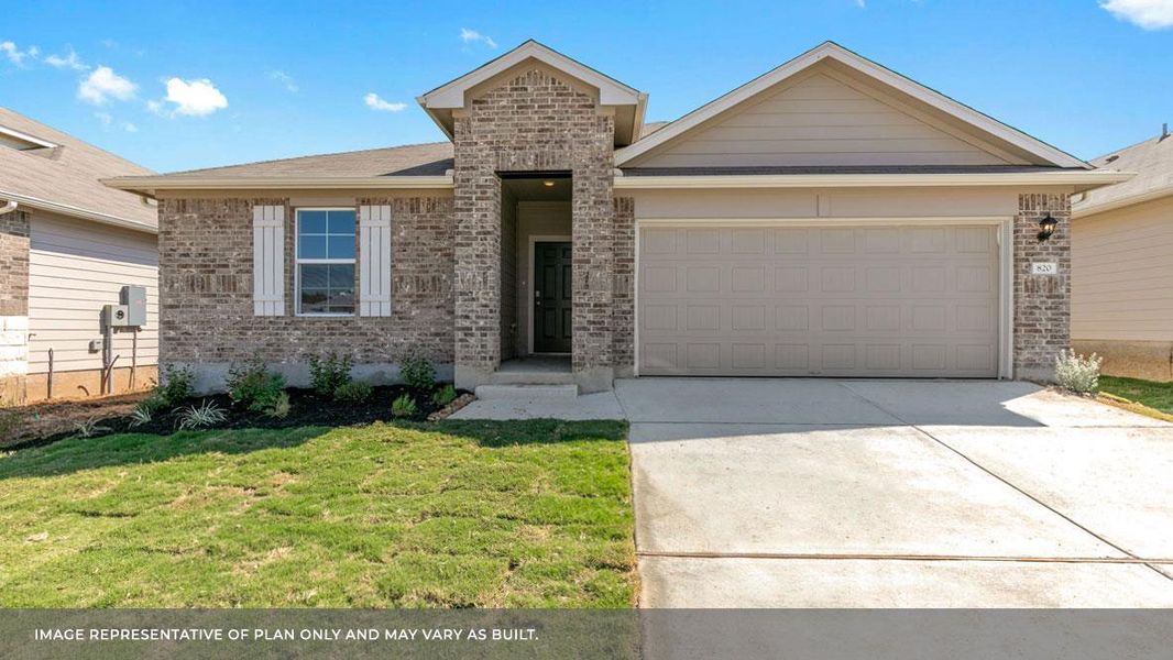 Front exterior of a new home in Bar W Ranch, Leander, TX, highlighting curb appeal (Image 2). Front exterior of a new home in Bar W Ranch, Leander, TX, highlighting curb appeal (Image 2).
