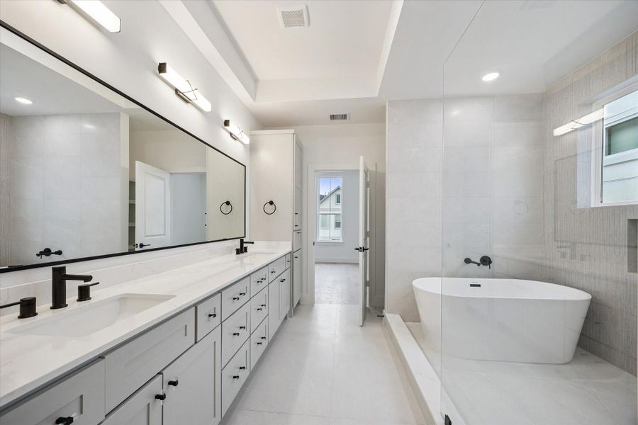 Luxurious “super shower” featuring a freestanding soaking tub seamlessly integrated within an oversized walk-in shower for a spa-like retreat
