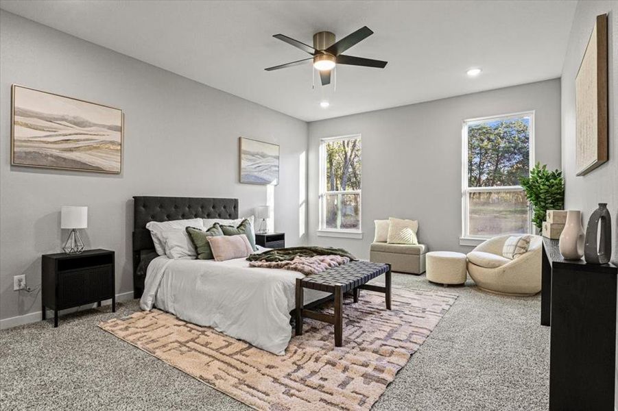 Carpeted bedroom with ceiling fan