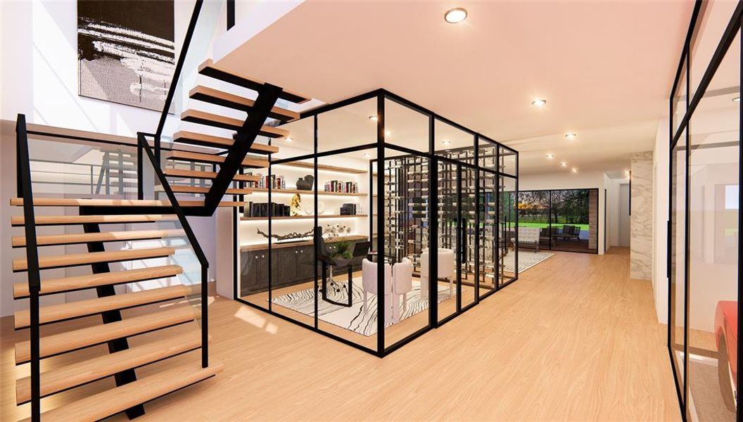 Stairway featuring hardwood / wood-style flooring