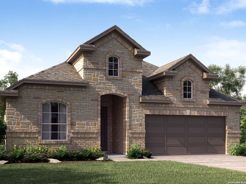 Front exterior of a new home in Sagebrooke - Classic Series, San Antonio, TX, highlighting curb appeal (Image 1). Front exterior of a new home in Sagebrooke - Classic Series, San Antonio, TX, highlighting curb appeal (Image 1).