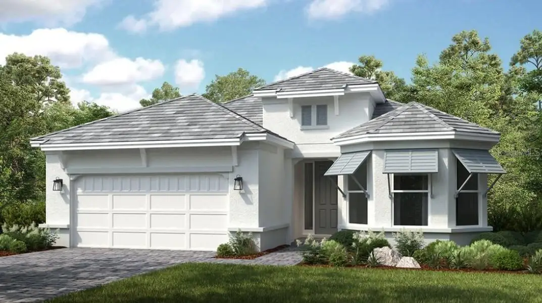 Front exterior of a new home in Esplanade at Azario Lakewood Ranch, Bradenton, FL, highlighting curb appeal (Image 1).