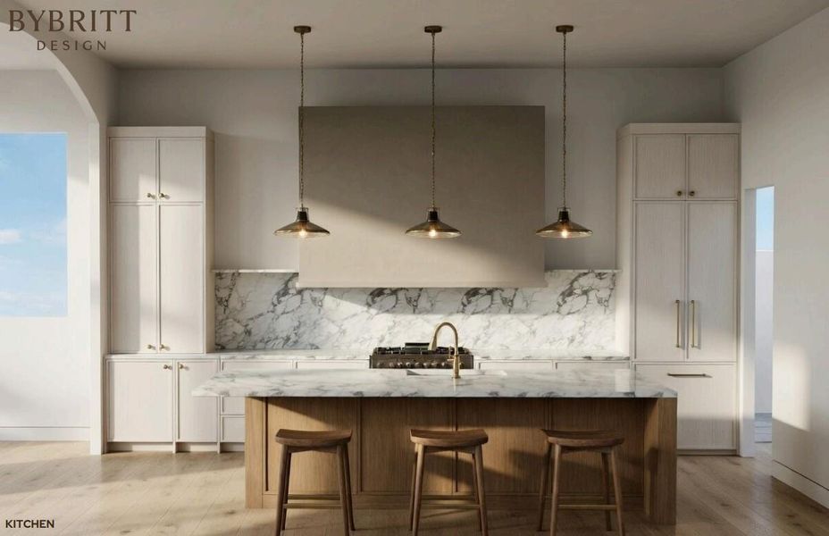 An inviting kitchen features a grand island, a statement hood, and richly veined marble backsplashes.