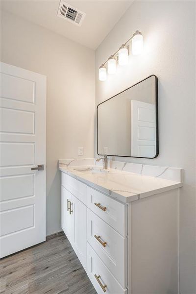 Bathroom with vanity and wood-type flooring