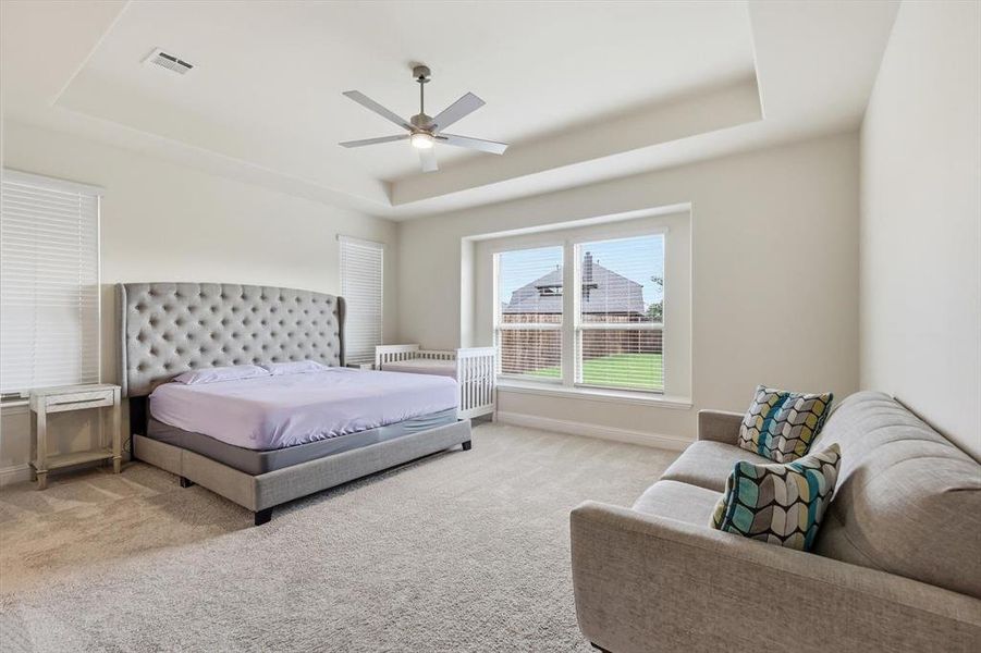 Spacious Master bedroom featuring light-toned carpeting, a tray ceiling, and a ceiling fan with natural lighting