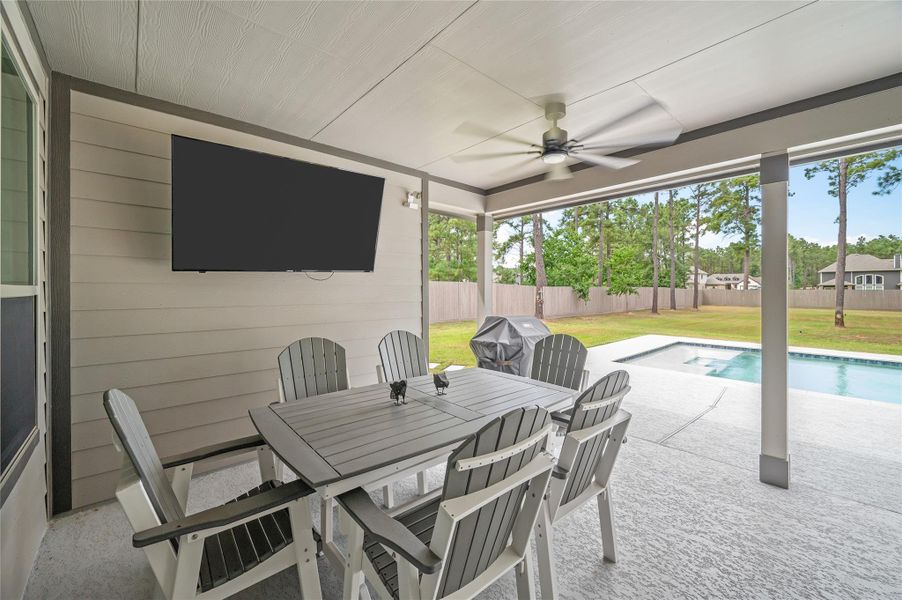 View from the covered patio of the pool and backyard.