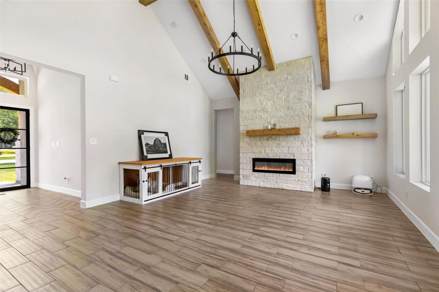Living Room with Large Stone Fireplace