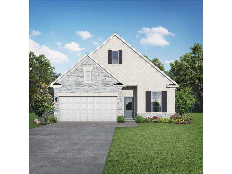 Front exterior of a new home in Sunterra, Katy, TX, highlighting curb appeal (Image 1).