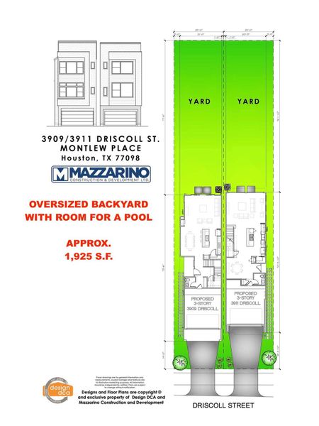 Please be aware that these plans are the property of the architect/builder designer that designed them not DUX Realty, Mazzarino Construction or 3911 DRISCOLL LLC and are protected from reproduction and sharing under copyright law. These drawing are for general information only. Measurements, square footages and features are for illustrative marketing purposes. All information should be independently verified. Plans are subject to change without notification.