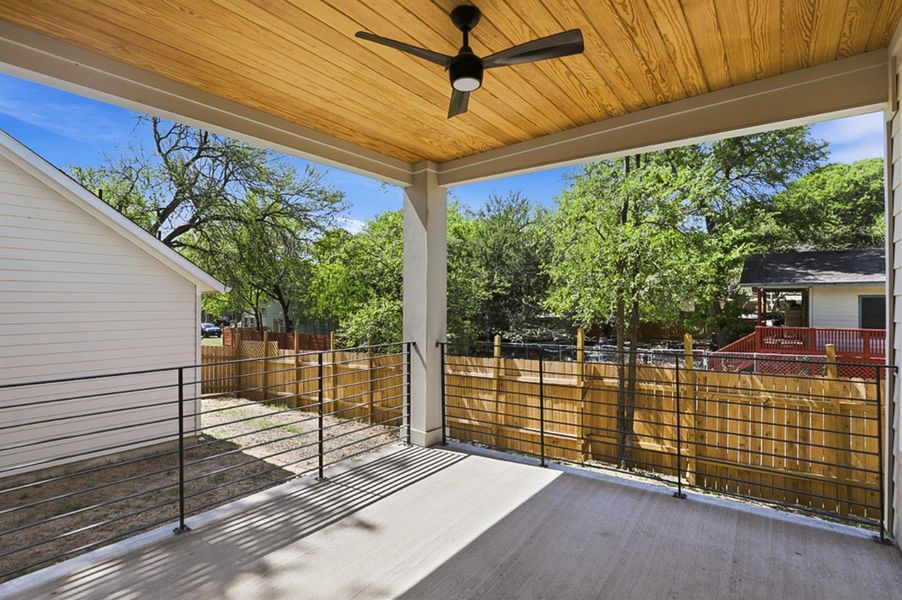View of 2nd floor patio/balcony with a ceiling fan