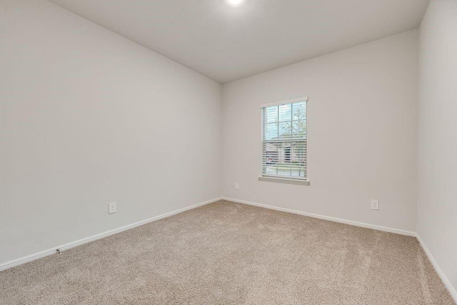 Carpeted room with a single window, neutral wall paint, and white trim