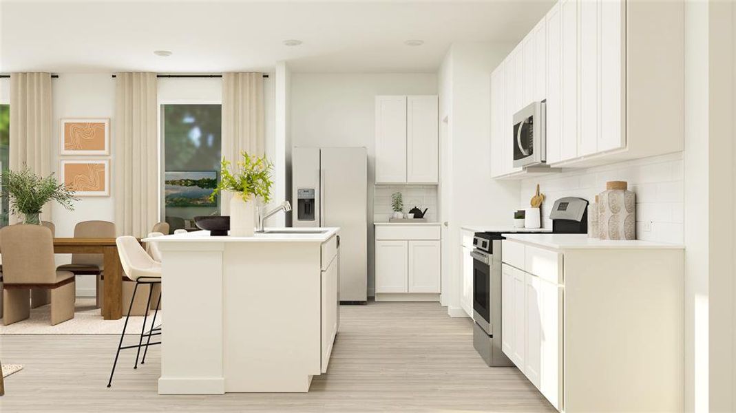 Kitchen with white cabinetry, a breakfast bar, appliances with stainless steel finishes, a center island, and decorative backsplash