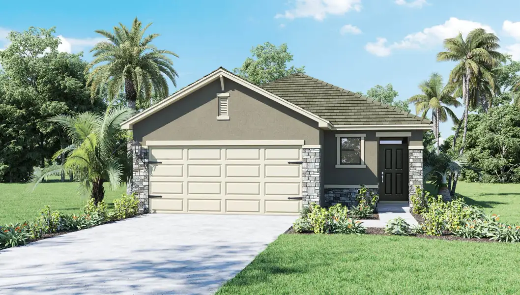 Front exterior of a new home in Hawthorne Ranch, Lakeland, FL, highlighting curb appeal (Image 2).