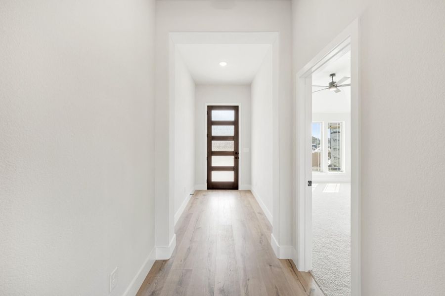 Hallway with light wood floors, white walls, and dark wood front door with glass panels