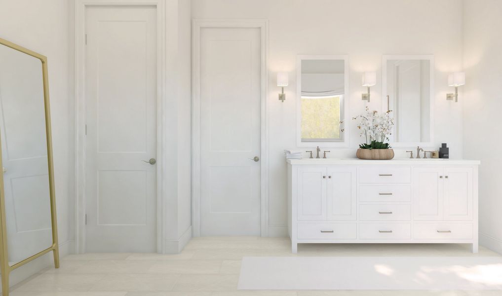 Primary bath with dual rectangular sinks and freestanding vanity