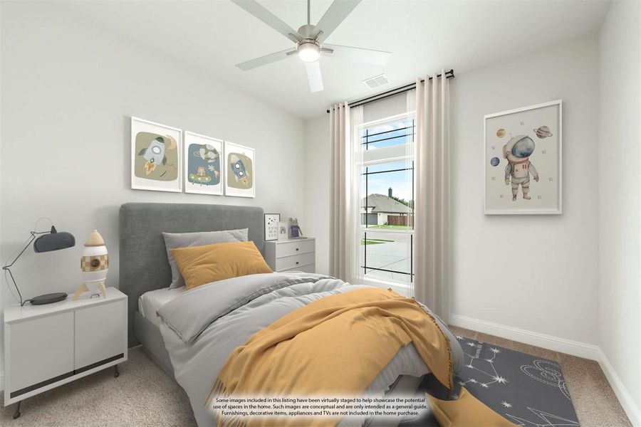 Children's bedroom with space-themed decor, ceiling fan, single bed, and large window with natural light Children's bedroom with space-themed decor, ceiling fan, single bed, and large window with natural light