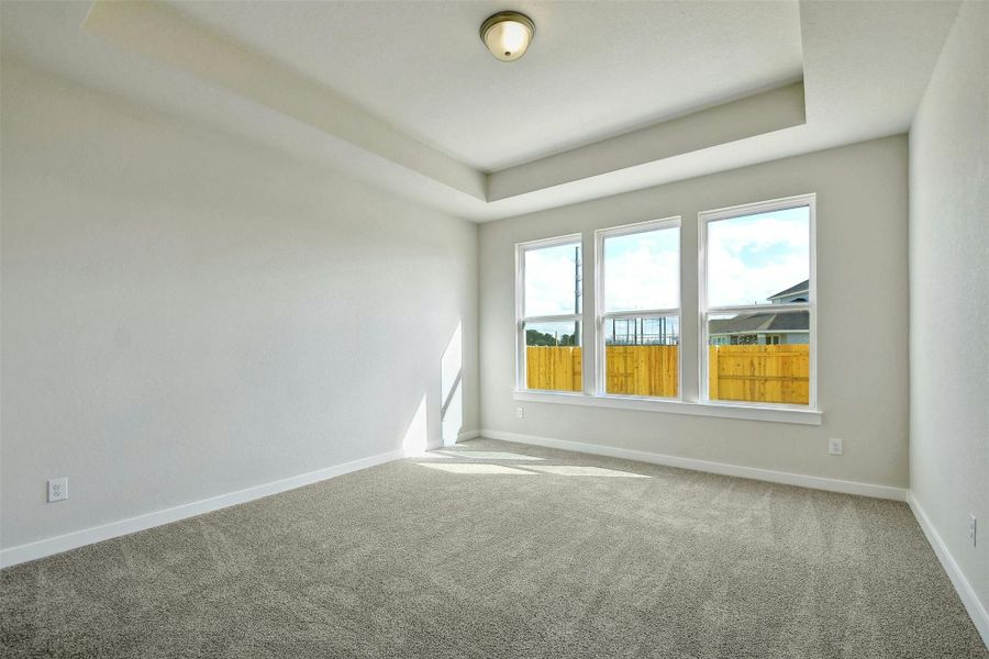 Carpeted empty room featuring a tray ceiling