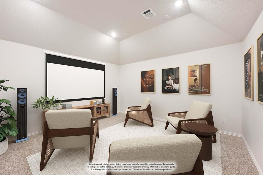 Media room with projection screen, floor speakers, three chairs, and movie posters on white walls
