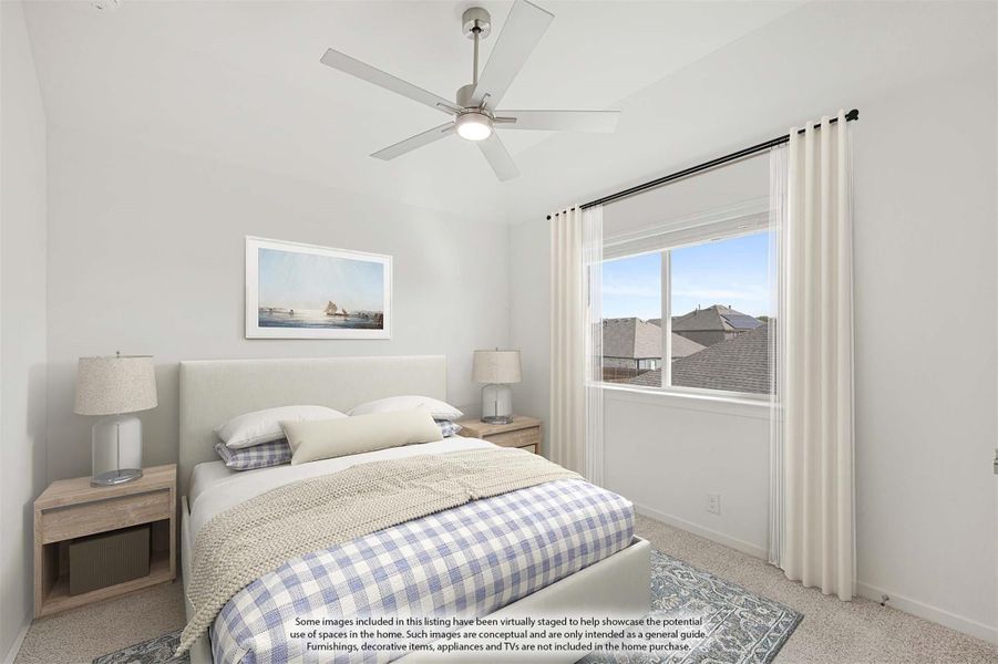 Bedroom with ceiling fan, carpet flooring, and large window with white curtains