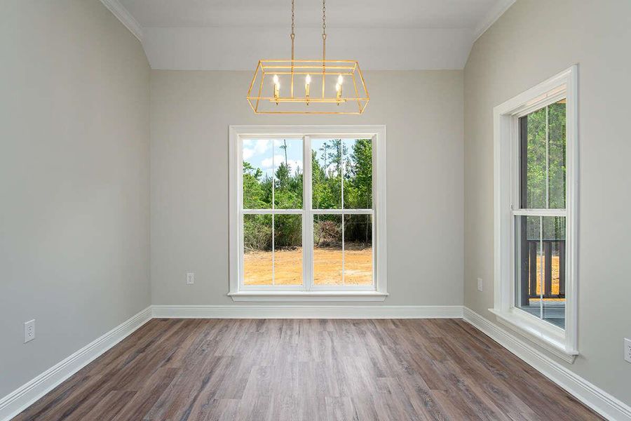 Empty room with plenty of natural light, baseboards, dark wood-style flooring, and an inviting chandelier
