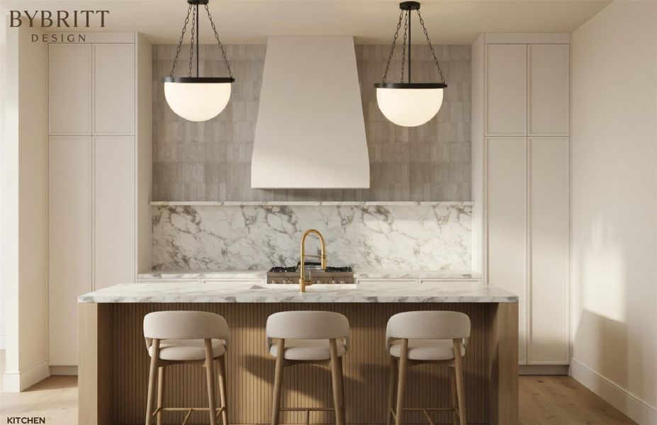 Kitchen featuring a substantial island with fluted wood-finish paneling, a stone countertop, and an integrated cooktop