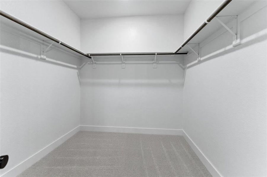 Spacious walk-in closet featuring light grey carpeting, white walls, and built-in metal hanging rods for apparel storage