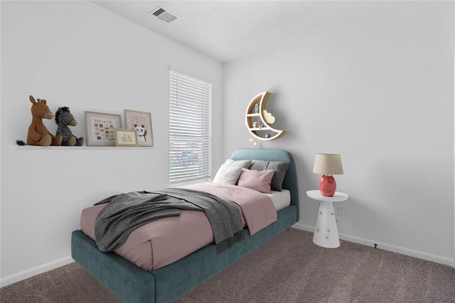 Secondary bedroom features plush carpet, neutral paint, lighting, large window with privacy blinds and ample sized closet space.