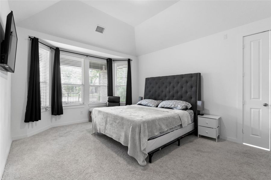 Spacious Owners suite with a vaulted ceiling, large windows for ample natural light, and a plush carpet. Spacious Owners suite with a vaulted ceiling, large windows for ample natural light, and a plush carpet.