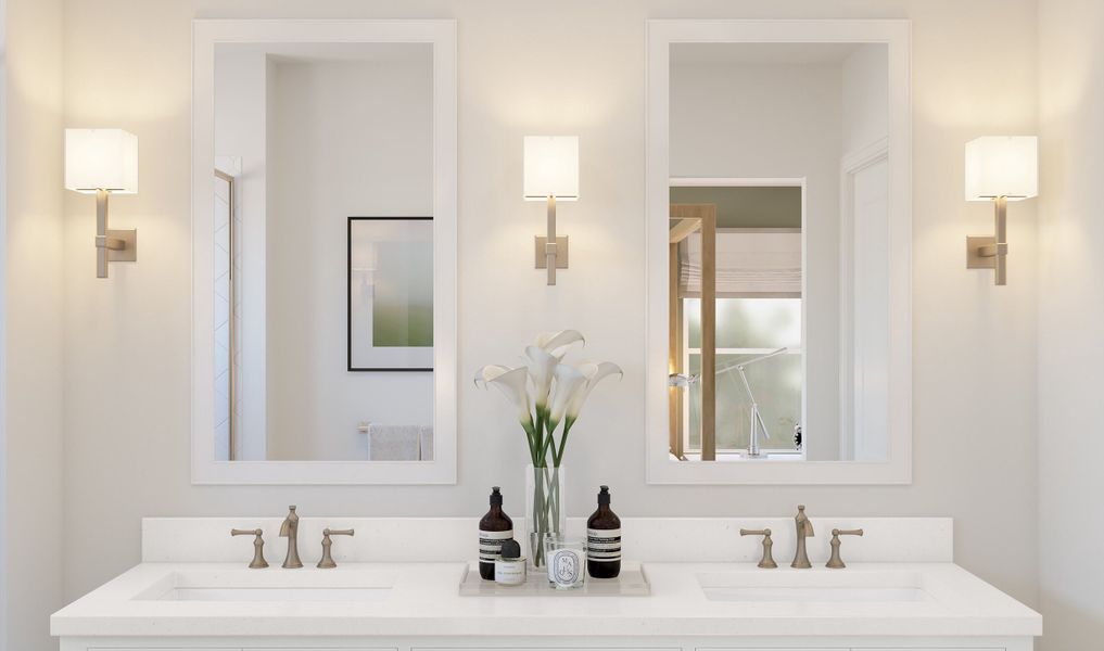 Primary bath with white-framed mirrors