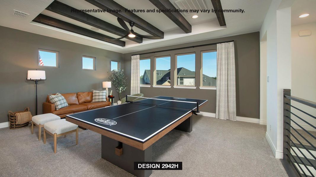 Rec room with carpet, beam ceiling, and recessed lighting Rec room with carpet, beam ceiling, and recessed lighting