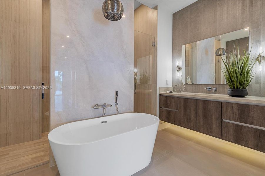 Luxurious spa-inspired bathroom featuring a walk-through tiled rainfall shower and soaking tub