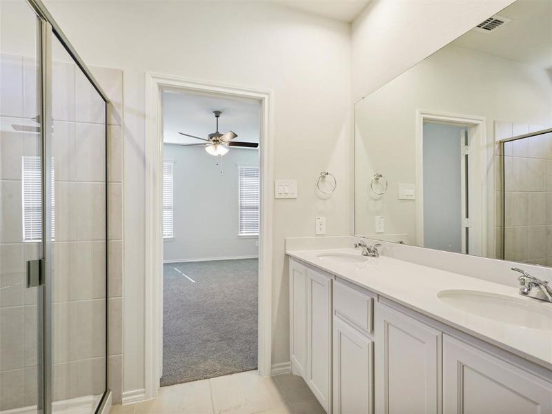 Bathroom featuring a shower stall, a ceiling fan, and a sink Bathroom featuring a shower stall, a ceiling fan, and a sink