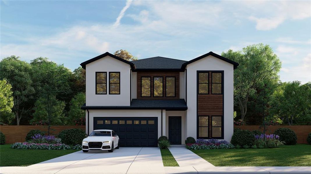 Contemporary house featuring an attached garage, stucco siding, concrete driveway, and a shingled roof