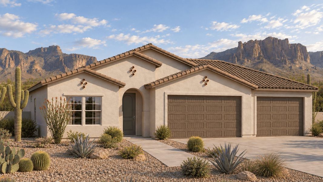 Representative exterior photo of a completed home built from the Arcadia by William Ryan Homes in Silver Cross, Florence, AZ (Image 3).