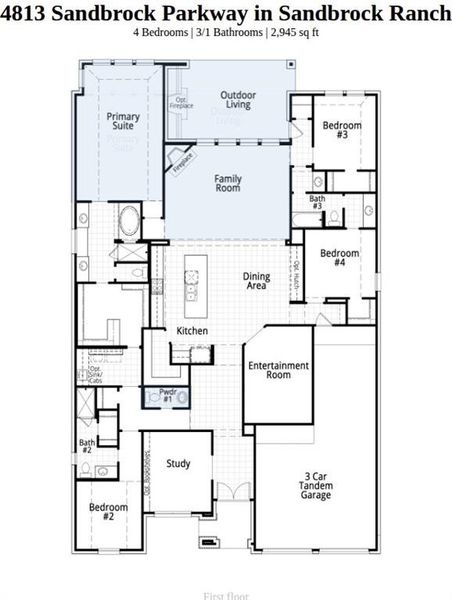 2D floor plan layout of this home in Sandbrock Ranch, Aubrey, TX (Image 2).