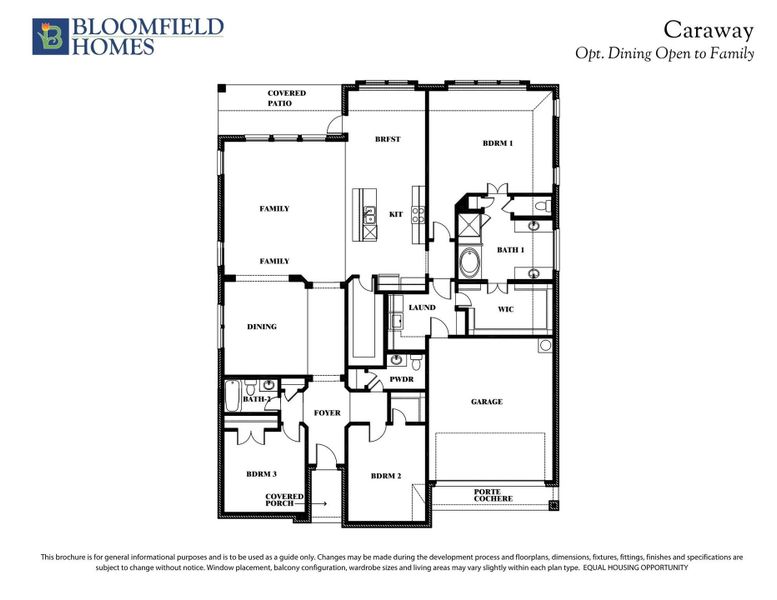 Bloomfield Homes Caraway floor plan with 3 bedrooms, family room, dining, kitchen, and porte cochere garage option. Bloomfield Homes Caraway floor plan with 3 bedrooms, family room, dining, kitchen, and porte cochere garage option.