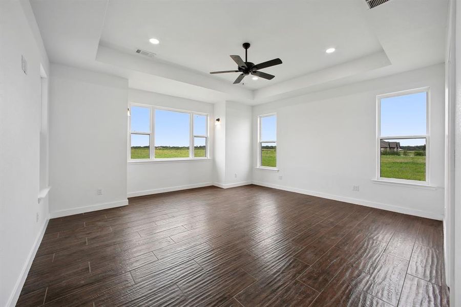 Spare room with a raised ceiling, dark wood finished floors, and recessed lighting