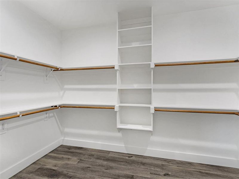 Spacious closet with dark wood-type flooring