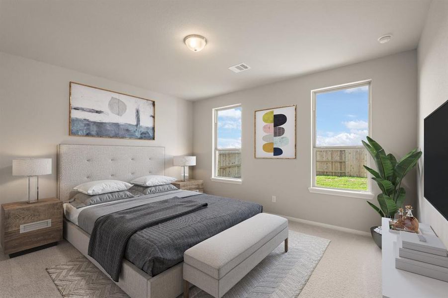 The primary bedroom is generously sized, creating a tranquil and spacious retreat that offers ample room for relaxation. Featuring plush carpet, high ceilings, fresh paint, and large windows that lets in natural lighting throughout the day.