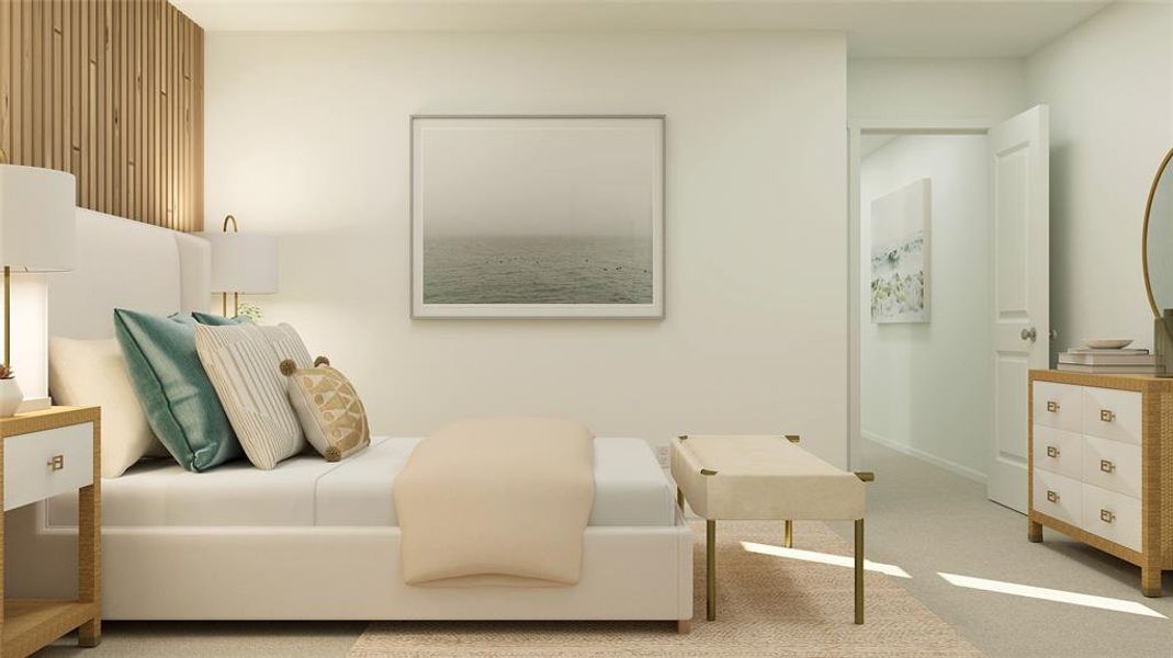 Bedroom featuring light colored carpet