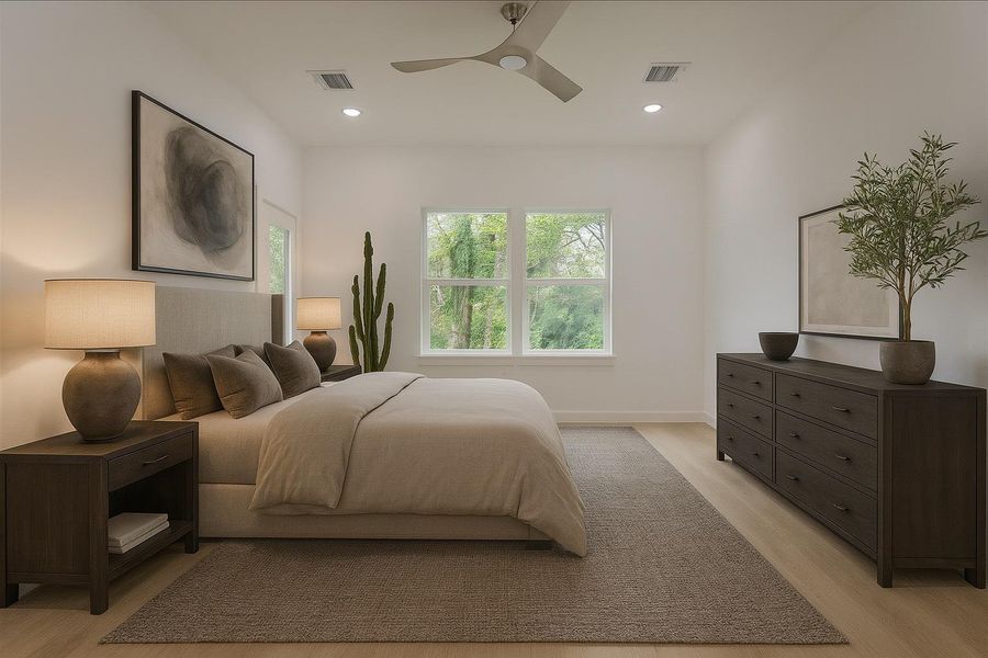 Upstairs primary suite with private balcony. Virtually staged