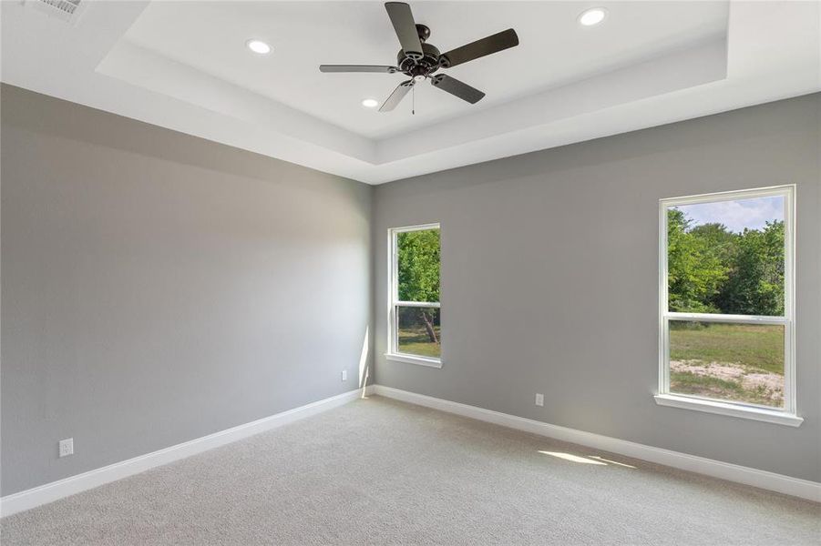 Carpeted empty room featuring ceiling fan and a raised ceiling