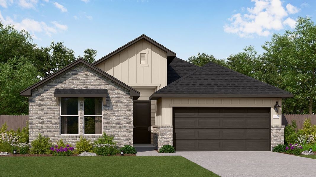 Representative exterior photo of a completed home built from the Stephanie by New Home Co. in The Residences Collection at Oakberry Trails, Waller, TX (Image 5). Representative exterior photo of a completed home built from the Stephanie by New Home Co. in The Residences Collection at Oakberry Trails, Waller, TX (Image 5).