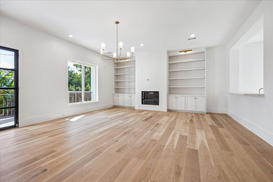 Living room with gas fireplace.
