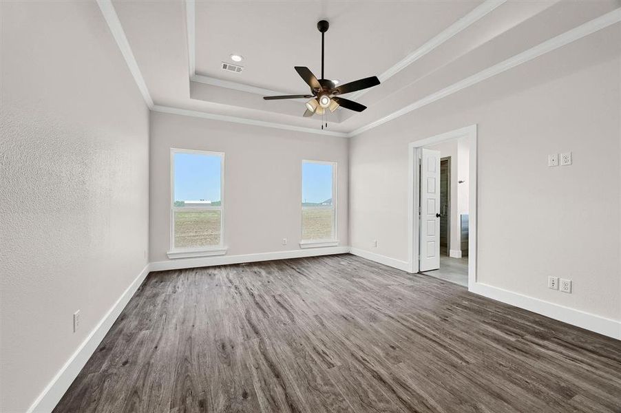 Unfurnished room featuring ceiling fan, a raised ceiling, ornamental molding, and dark hardwood / wood-style floors